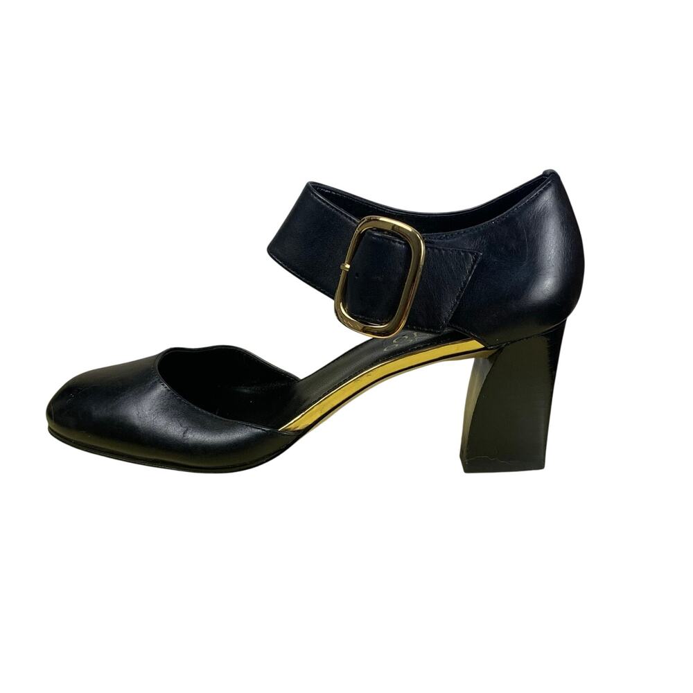 Franco Sarto Duvet Black Leather Wide Ankle Strap  Dressy Retro Pumps - Size 7